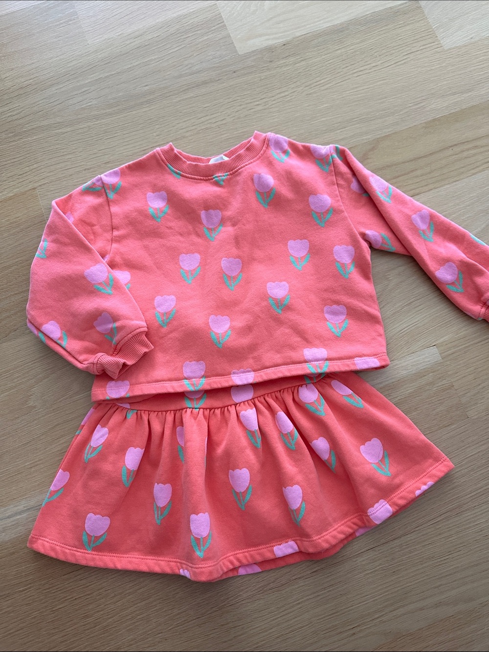 H&M Coral Pink Tulip Print Long Sleeve Top & Skirt Set